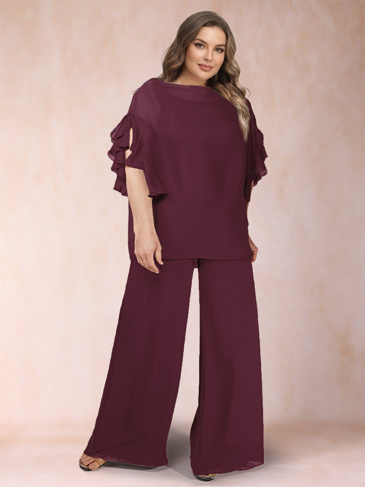 Black Chiffon Scoop Half Sleeves 2 Pieces Plus Size Jumpsuits with Ruches