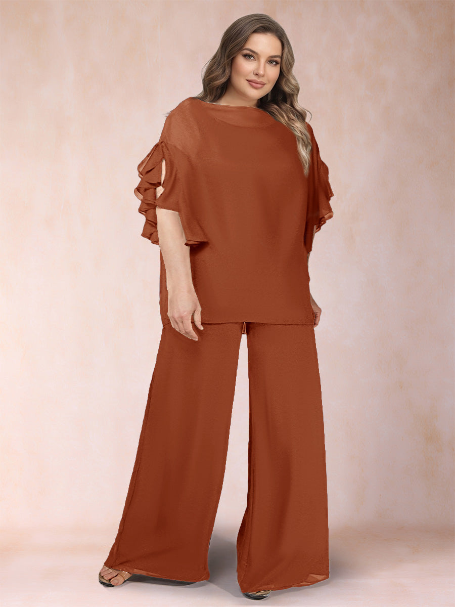 Black Chiffon Scoop Half Sleeves 2 Pieces Plus Size Jumpsuits with Ruches