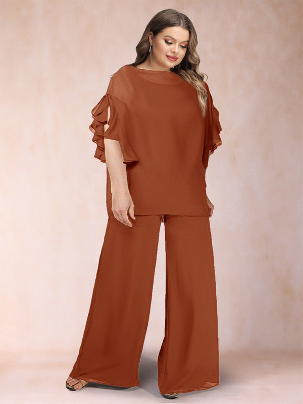 Black Chiffon Scoop Half Sleeves 2 Pieces Plus Size Pantsuits with Ruches