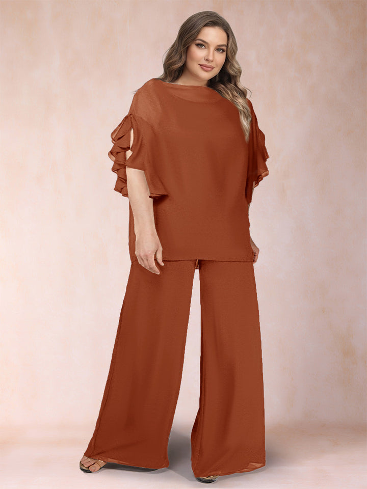 Black Chiffon Scoop Half Sleeves 2 Pieces Plus Size Jumpsuits with Ruches