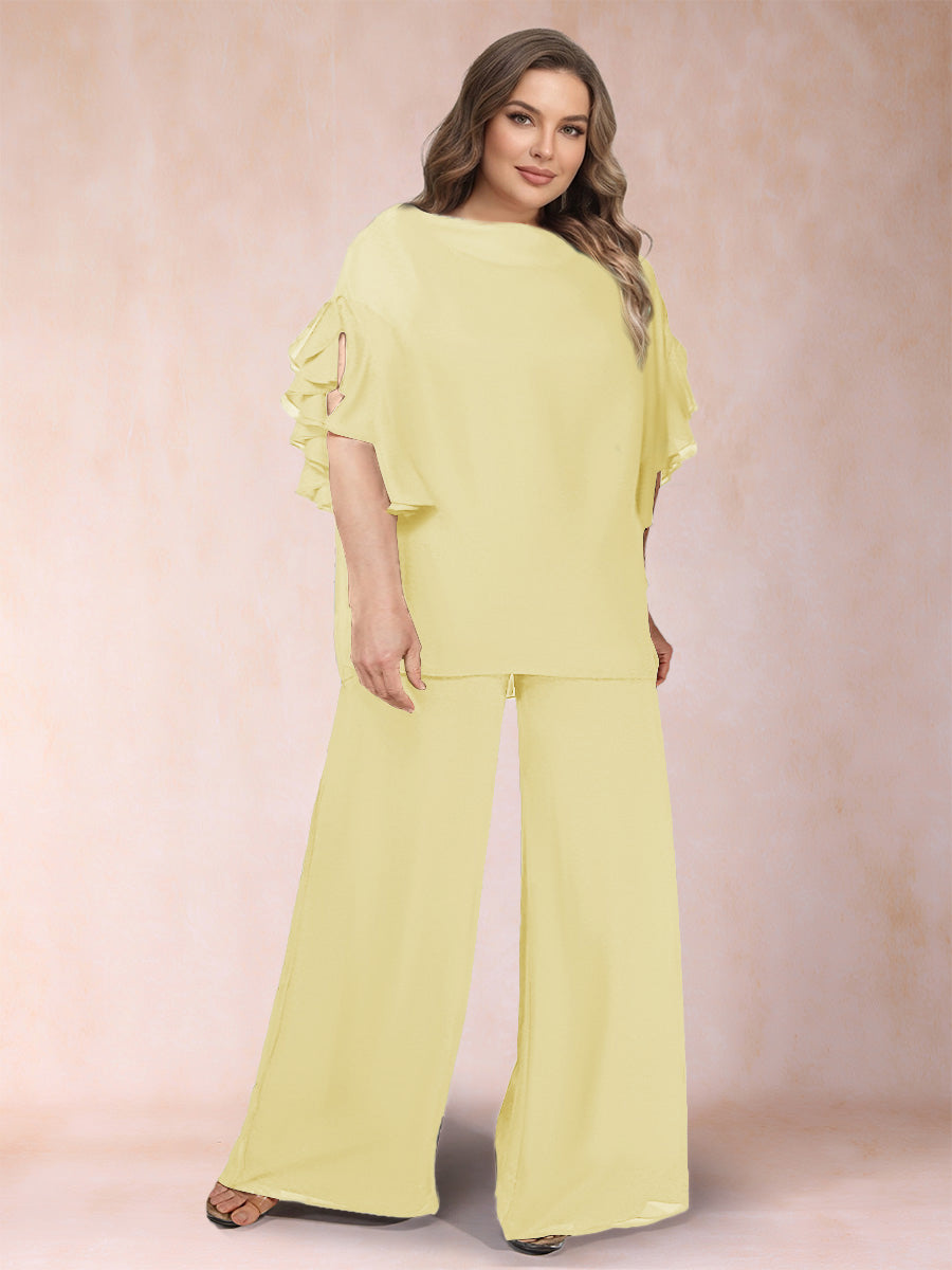 Black Chiffon Scoop Half Sleeves 2 Pieces Plus Size Jumpsuits with Ruches