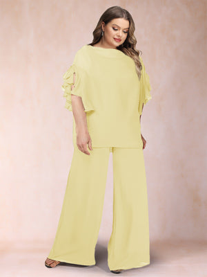 Black Chiffon Scoop Half Sleeves 2 Pieces Plus Size Pantsuits with Ruches
