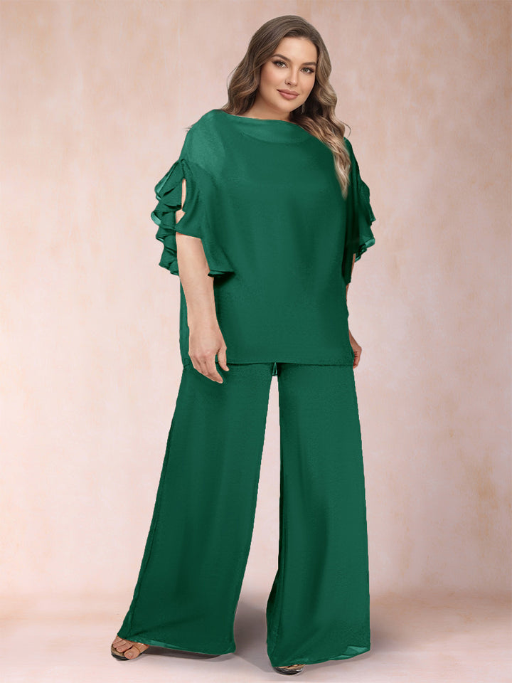 Black Chiffon Scoop Half Sleeves 2 Pieces Plus Size Jumpsuits with Ruches