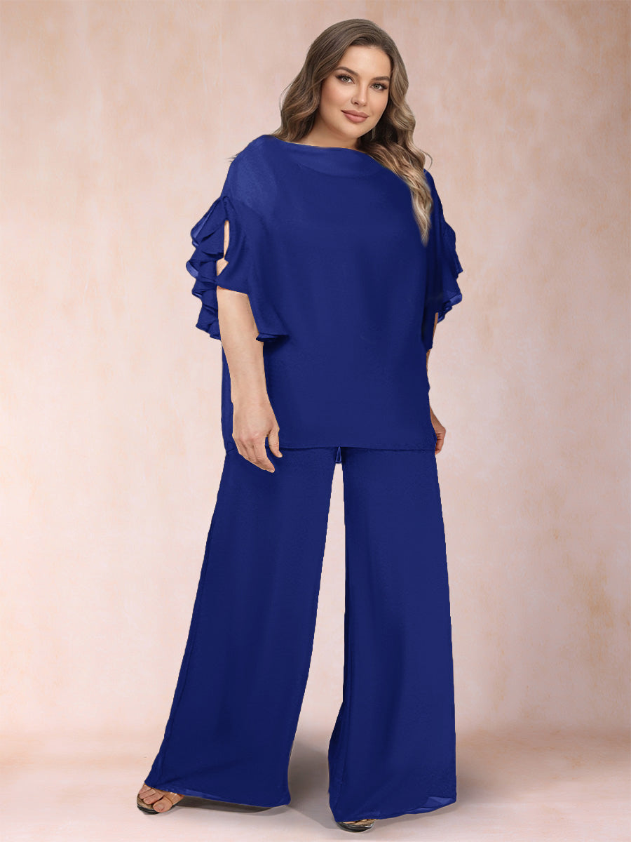 Black Chiffon Scoop Half Sleeves 2 Pieces Plus Size Jumpsuits with Ruches