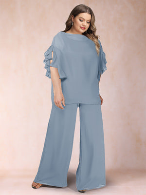 Black Chiffon Scoop Half Sleeves 2 Pieces Plus Size Pantsuits with Ruches