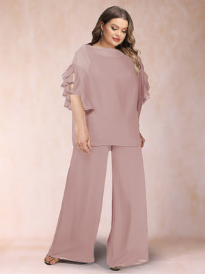 Black Chiffon Scoop Half Sleeves 2 Pieces Plus Size Pantsuits with Ruches
