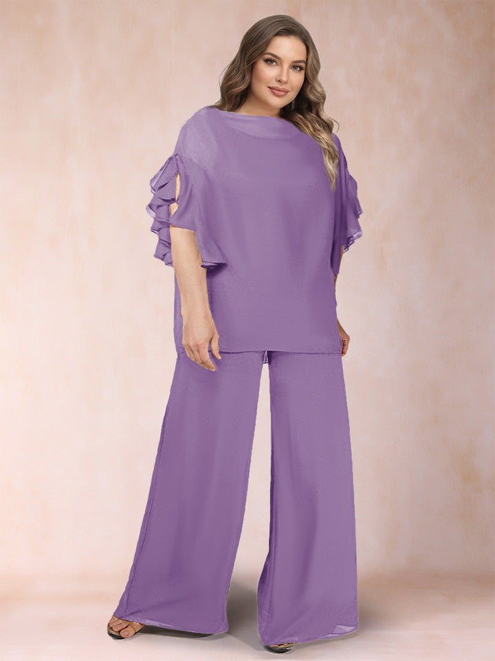 Black Chiffon Scoop Half Sleeves 2 Pieces Plus Size Jumpsuits with Ruches