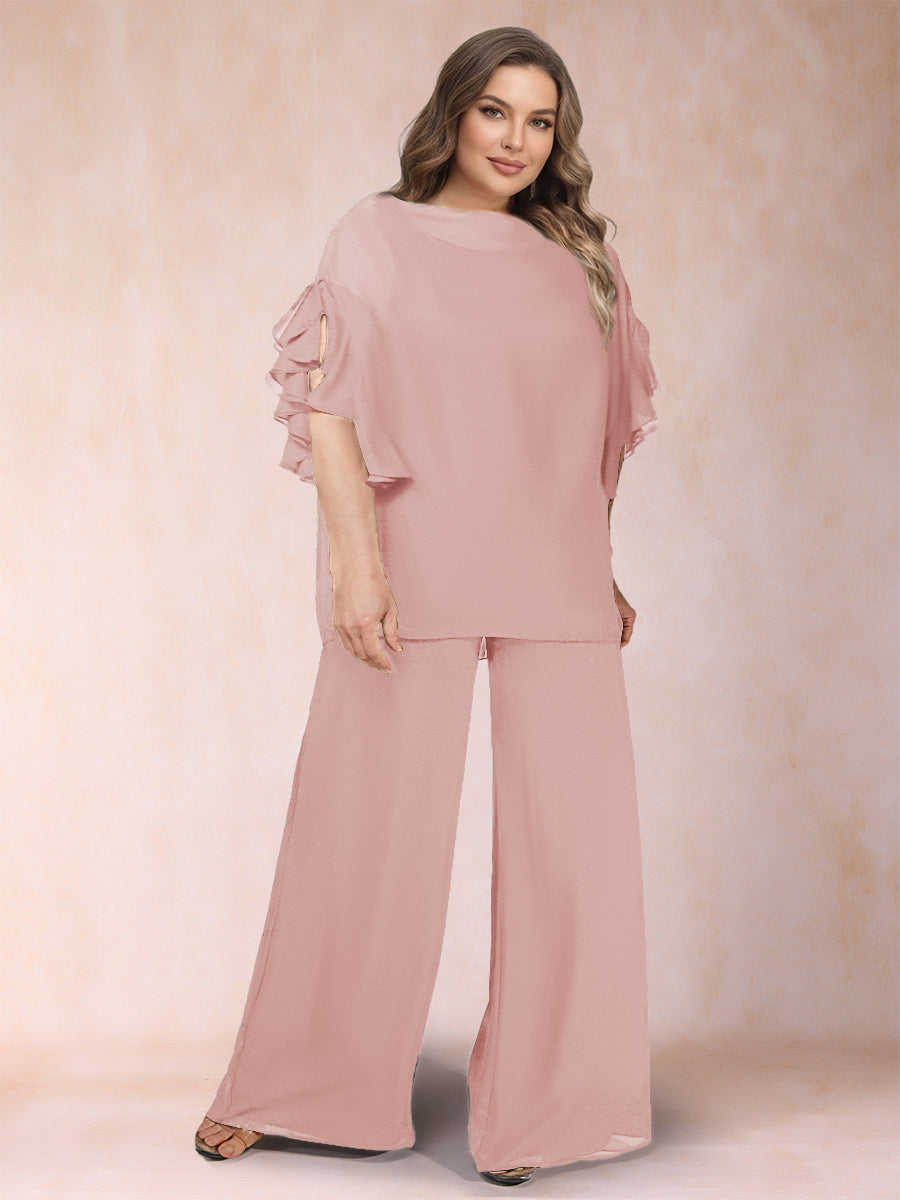 Black Chiffon Scoop Half Sleeves 2 Pieces Plus Size Jumpsuits with Ruches