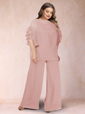 Black Chiffon Scoop Half Sleeves 2 Pieces Plus Size Pantsuits with Ruches