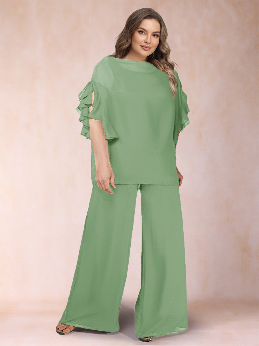 Black Chiffon Scoop Half Sleeves 2 Pieces Plus Size Jumpsuits with Ruches