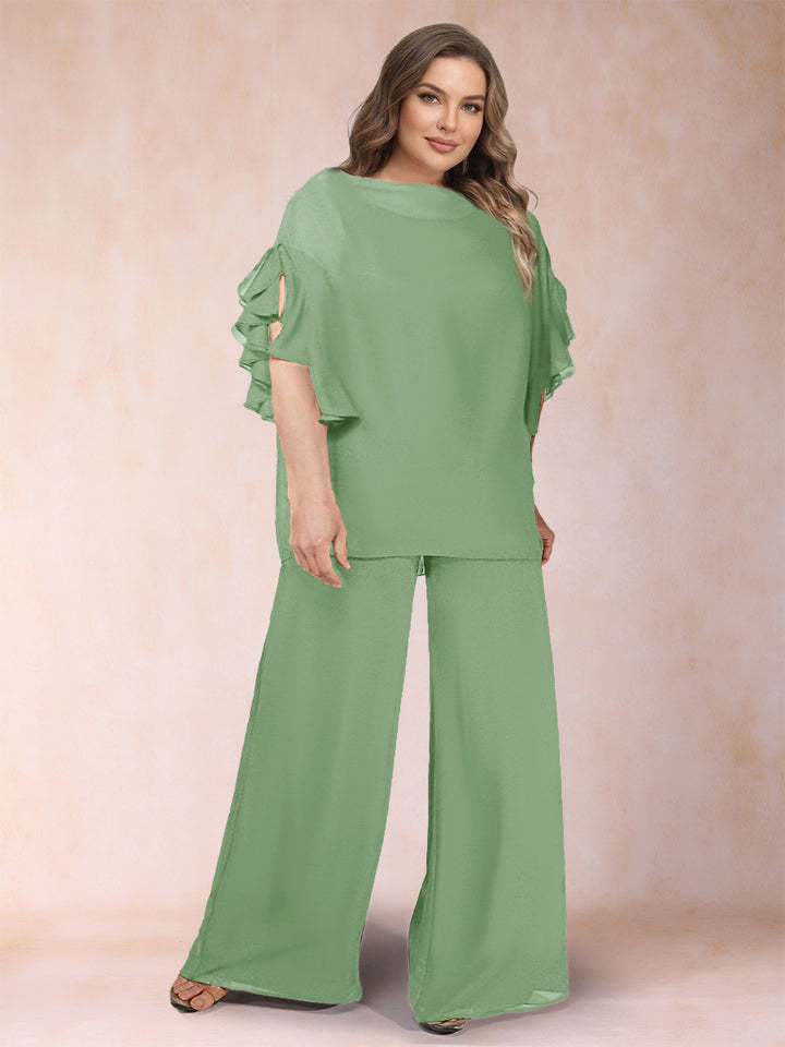 Black Chiffon Scoop Half Sleeves 2 Pieces Plus Size Jumpsuits with Ruches