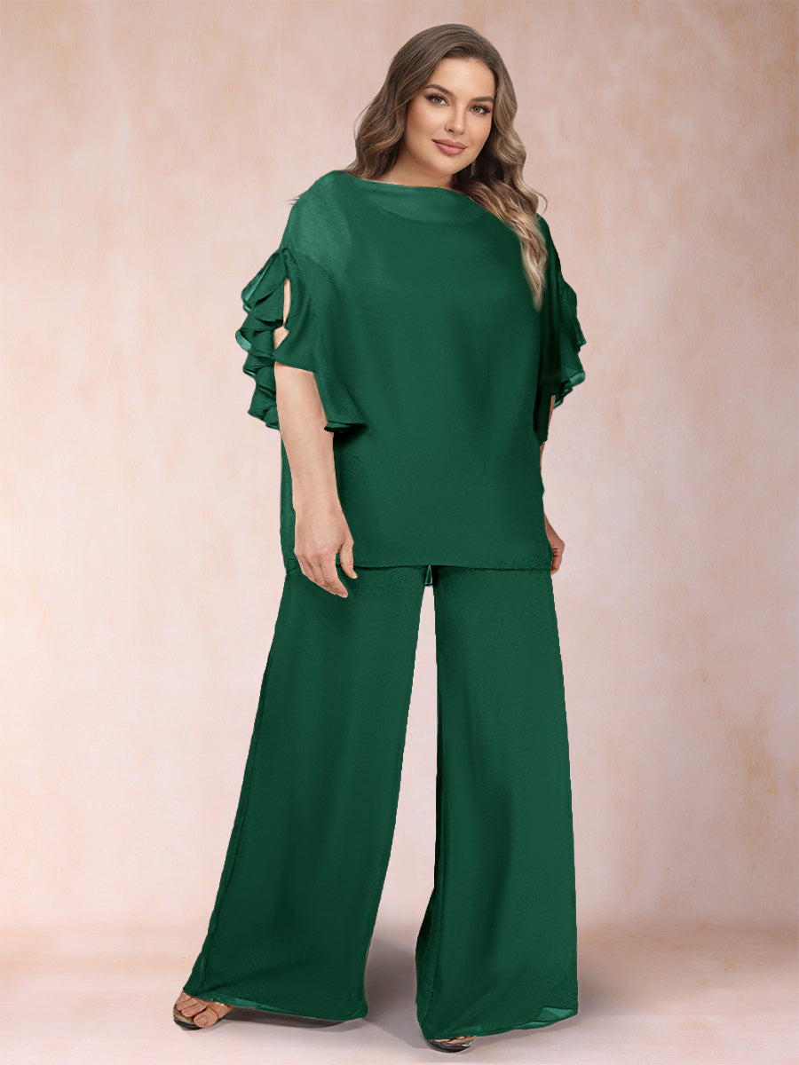 Black Chiffon Scoop Half Sleeves 2 Pieces Plus Size Jumpsuits with Ruches