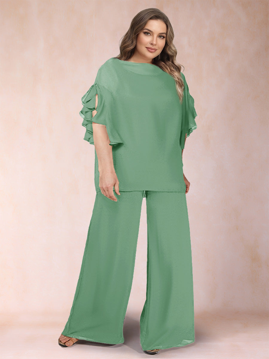 Black Chiffon Scoop Half Sleeves 2 Pieces Plus Size Jumpsuits with Ruches
