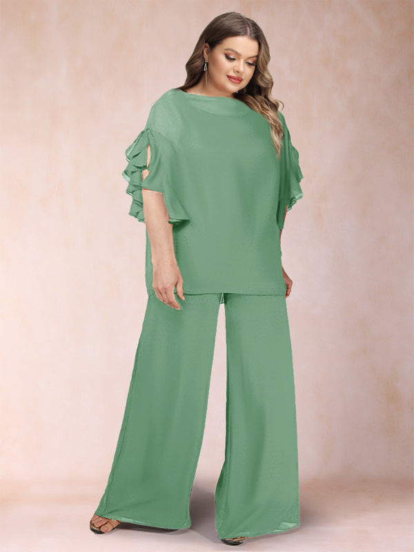 Black Chiffon Scoop Half Sleeves 2 Pieces Plus Size Pantsuits with Ruches