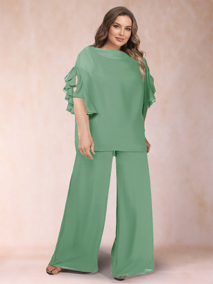 Black Chiffon Scoop Half Sleeves 2 Pieces Plus Size Jumpsuits with Ruches