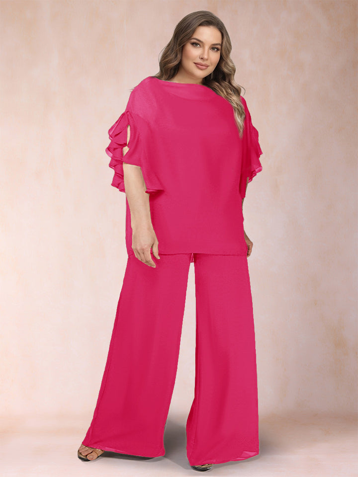 Black Chiffon Scoop Half Sleeves 2 Pieces Plus Size Jumpsuits with Ruches