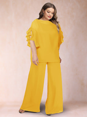 Black Chiffon Scoop Half Sleeves 2 Pieces Plus Size Pantsuits with Ruches
