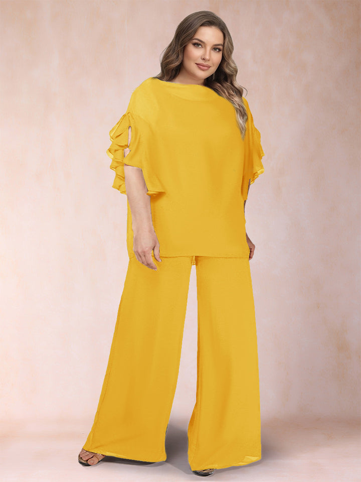 Black Chiffon Scoop Half Sleeves 2 Pieces Plus Size Jumpsuits with Ruches