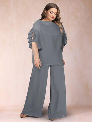 Black Chiffon Scoop Half Sleeves 2 Pieces Plus Size Pantsuits with Ruches