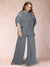 Black Chiffon Scoop Half Sleeves 2 Pieces Plus Size Pantsuits with Ruches