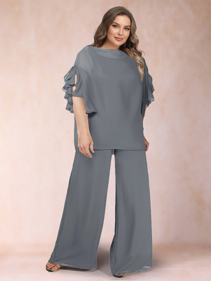 Black Chiffon Scoop Half Sleeves 2 Pieces Plus Size Jumpsuits with Ruches