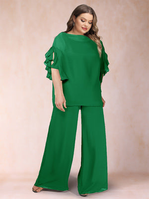 Black Chiffon Scoop Half Sleeves 2 Pieces Plus Size Pantsuits with Ruches