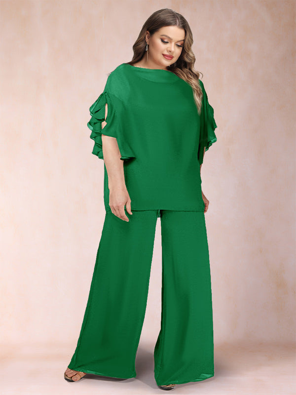 Black Chiffon Scoop Half Sleeves 2 Pieces Plus Size Pantsuits with Ruches