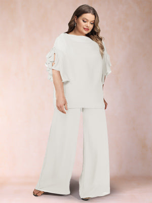 Black Chiffon Scoop Half Sleeves 2 Pieces Plus Size Pantsuits with Ruches