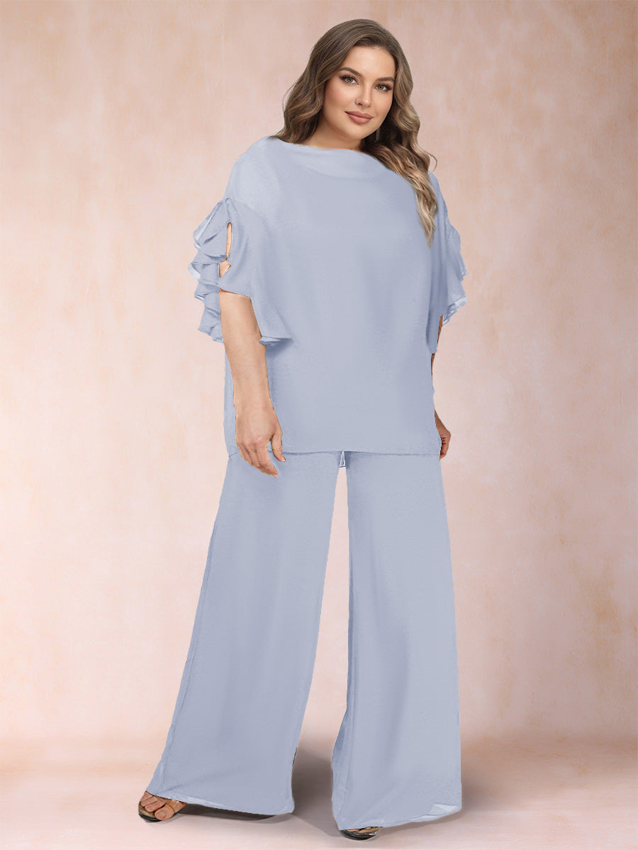 Black Chiffon Scoop Half Sleeves 2 Pieces Plus Size Jumpsuits with Ruches