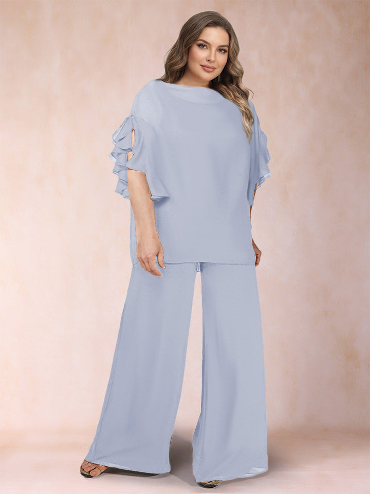 Black Chiffon Scoop Half Sleeves 2 Pieces Plus Size Jumpsuits with Ruches