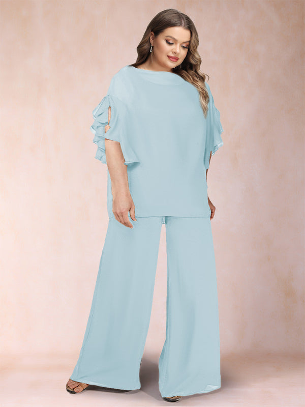 Black Chiffon Scoop Half Sleeves 2 Pieces Plus Size Pantsuits with Ruches