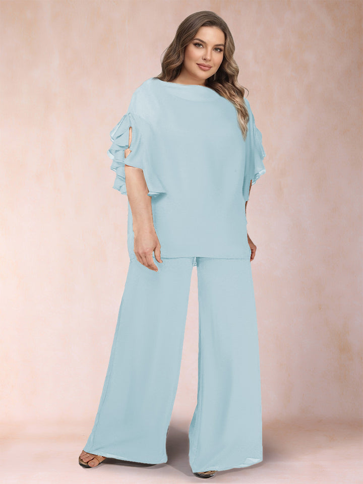 Black Chiffon Scoop Half Sleeves 2 Pieces Plus Size Jumpsuits with Ruches