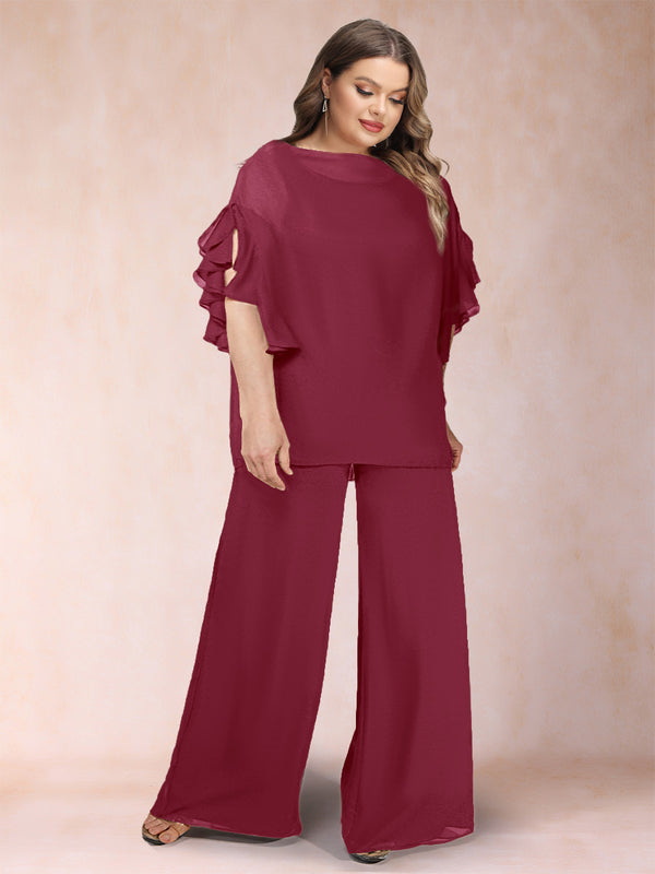 Black Chiffon Scoop Half Sleeves 2 Pieces Plus Size Pantsuits with Ruches
