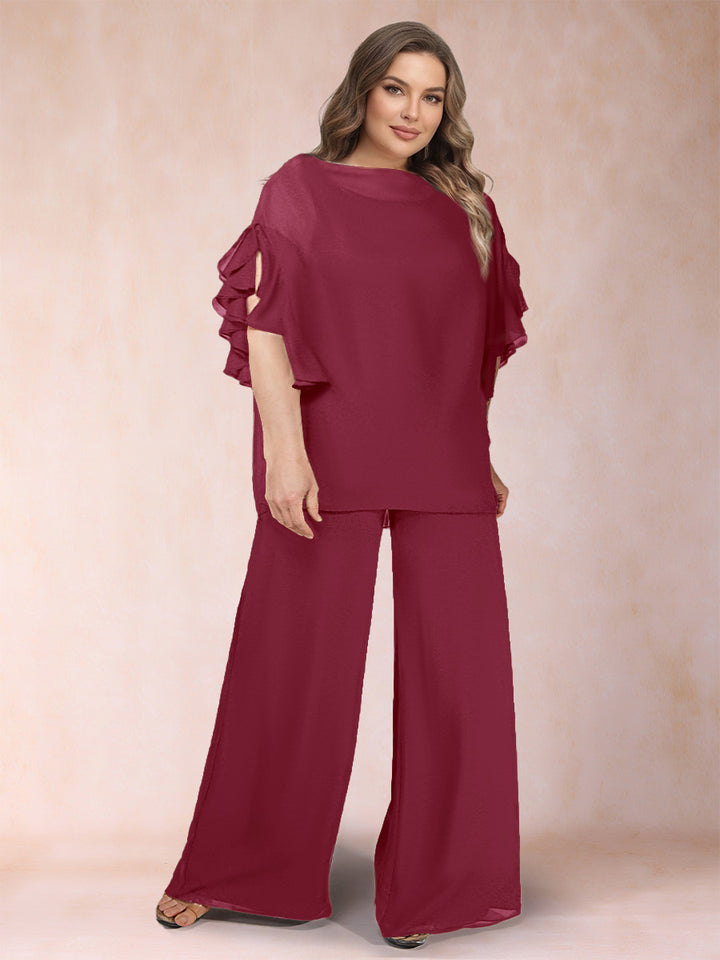 Black Chiffon Scoop Half Sleeves 2 Pieces Plus Size Jumpsuits with Ruches