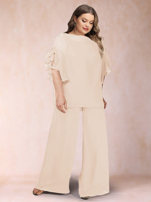 Black Chiffon Scoop Half Sleeves 2 Pieces Plus Size Pantsuits with Ruches