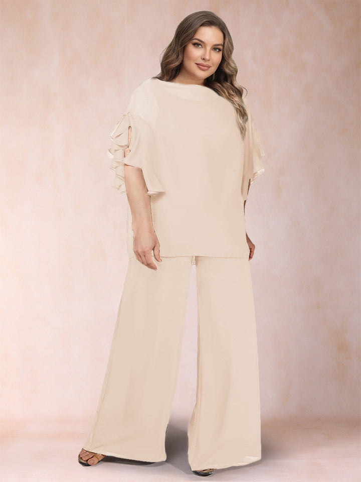Black Chiffon Scoop Half Sleeves 2 Pieces Plus Size Jumpsuits with Ruches