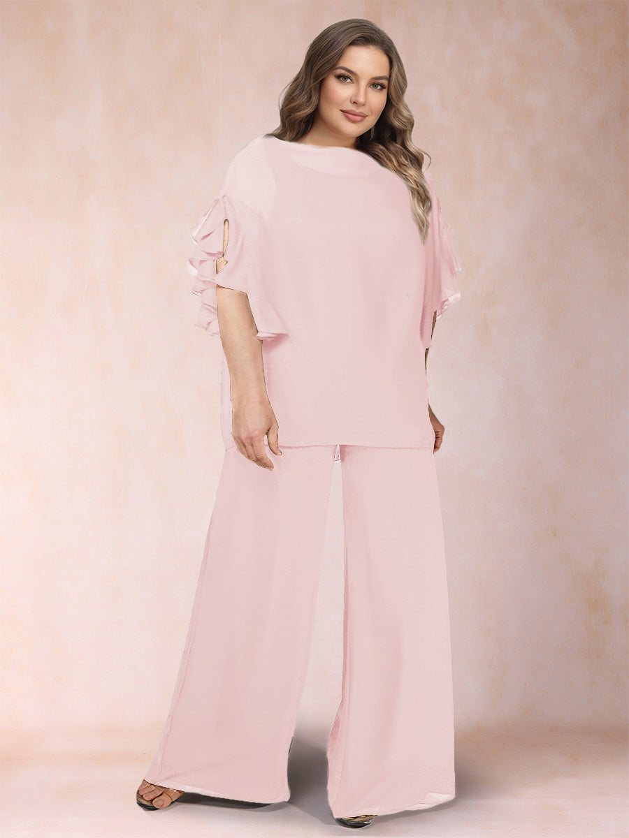 Black Chiffon Scoop Half Sleeves 2 Pieces Plus Size Jumpsuits with Ruches
