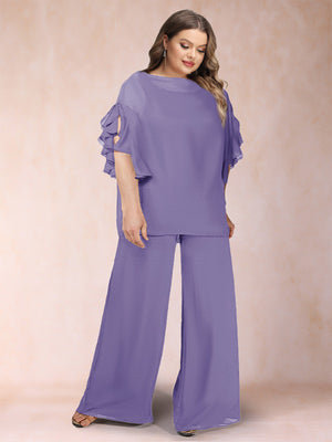 Black Chiffon Scoop Half Sleeves 2 Pieces Plus Size Pantsuits with Ruches