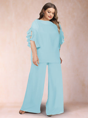 Black Chiffon Scoop Half Sleeves 2 Pieces Plus Size Pantsuits with Ruches