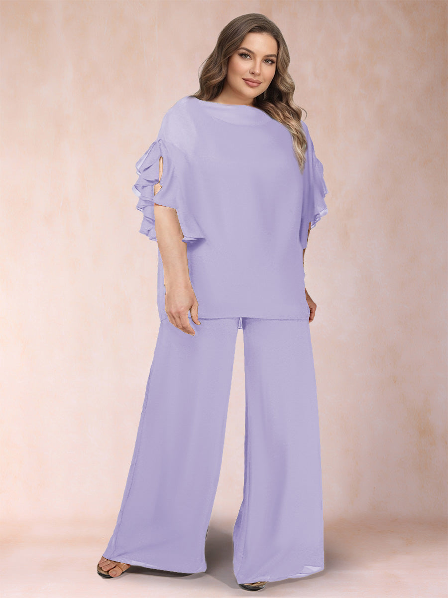 Black Chiffon Scoop Half Sleeves 2 Pieces Plus Size Jumpsuits with Ruches