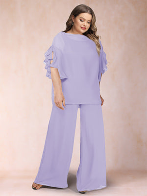 Black Chiffon Scoop Half Sleeves 2 Pieces Plus Size Pantsuits with Ruches