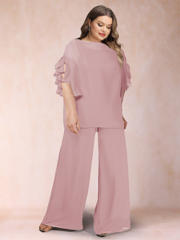 Black Chiffon Scoop Half Sleeves 2 Pieces Plus Size Pantsuits with Ruches