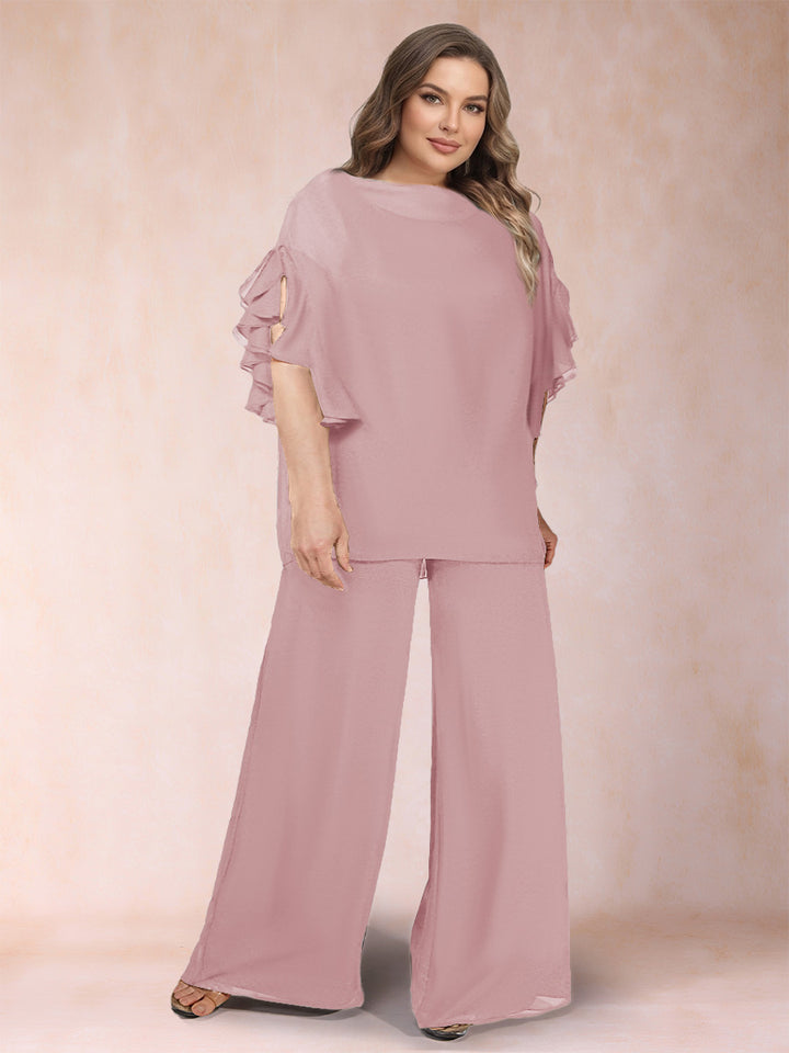 Black Chiffon Scoop Half Sleeves 2 Pieces Plus Size Jumpsuits with Ruches