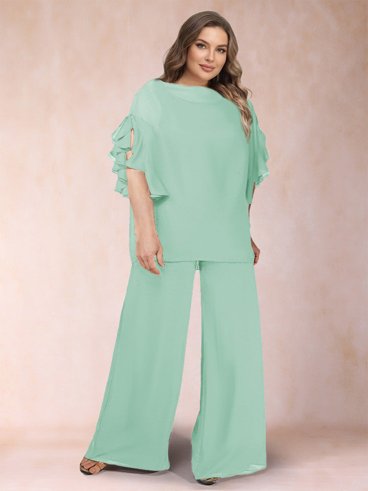 Black Chiffon Scoop Half Sleeves 2 Pieces Plus Size Jumpsuits with Ruches
