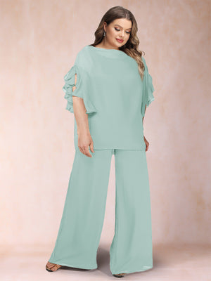 Black Chiffon Scoop Half Sleeves 2 Pieces Plus Size Pantsuits with Ruches