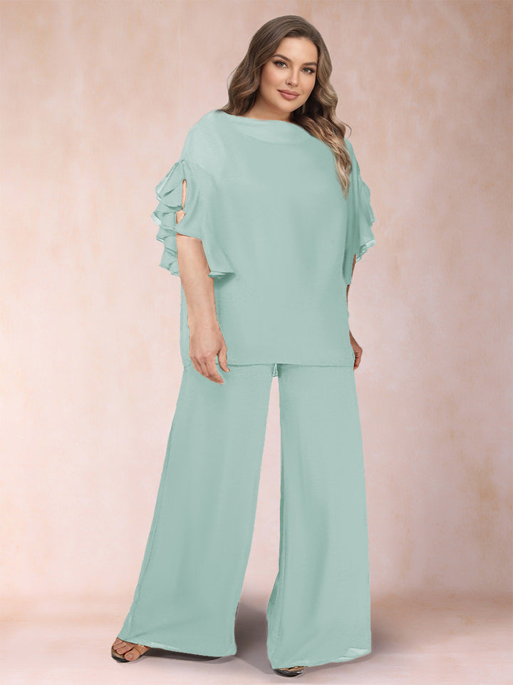 Black Chiffon Scoop Half Sleeves 2 Pieces Plus Size Jumpsuits with Ruches
