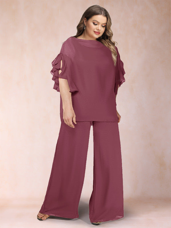Black Chiffon Scoop Half Sleeves 2 Pieces Plus Size Pantsuits with Ruches