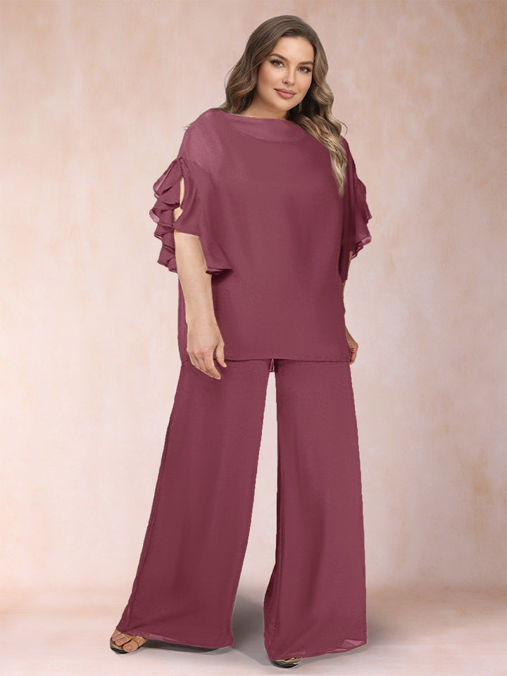 Black Chiffon Scoop Half Sleeves 2 Pieces Plus Size Jumpsuits with Ruches