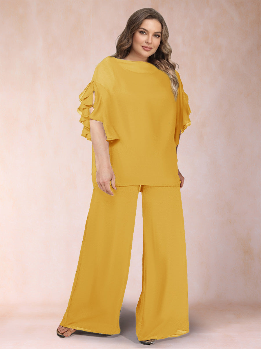 Black Chiffon Scoop Half Sleeves 2 Pieces Plus Size Jumpsuits with Ruches