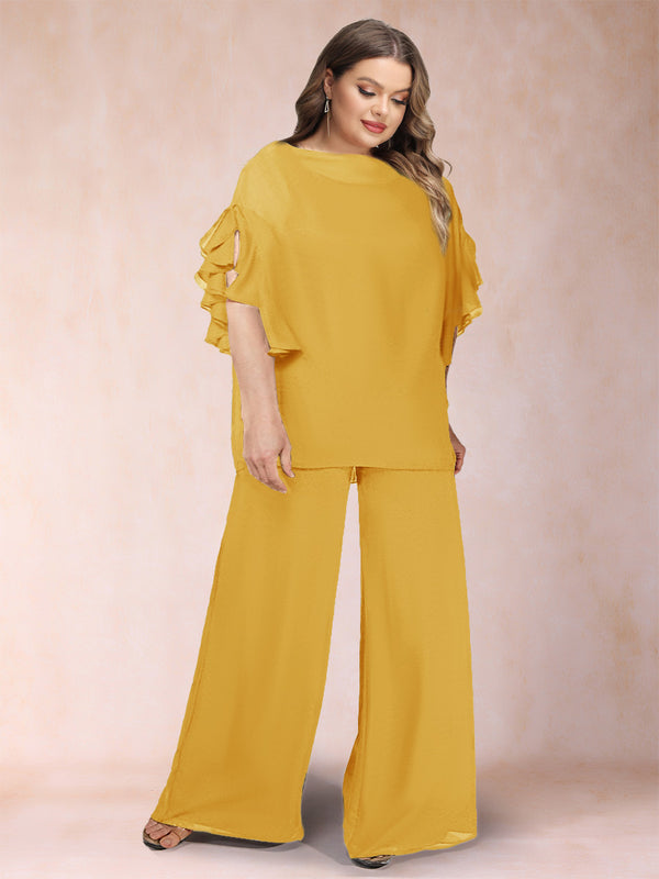 Black Chiffon Scoop Half Sleeves 2 Pieces Plus Size Pantsuits with Ruches